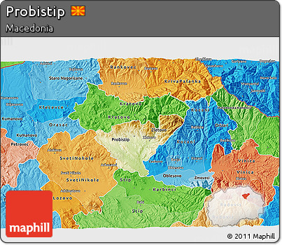 Physical 3D Map of Probistip, political shades outside