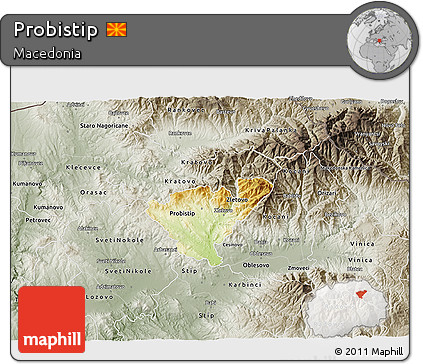 Physical 3D Map of Probistip, semi-desaturated