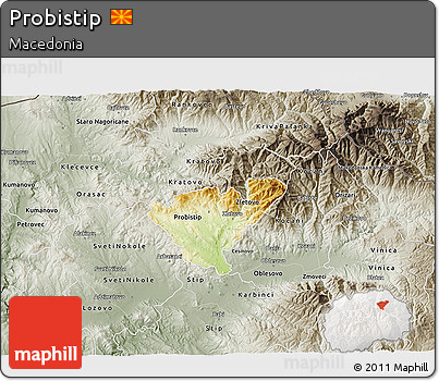 Physical 3D Map of Probistip, semi-desaturated