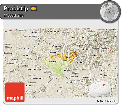 Physical 3D Map of Probistip, shaded relief outside