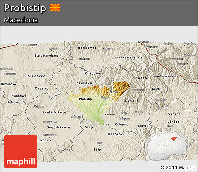 Physical 3D Map of Probistip, shaded relief outside