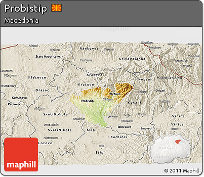Physical 3D Map of Probistip, shaded relief outside