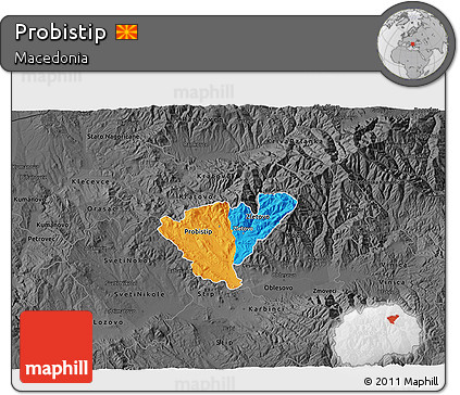 Political 3D Map of Probistip, darken, desaturated
