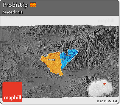 Political 3D Map of Probistip, darken, desaturated
