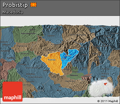 Political 3D Map of Probistip, darken, semi-desaturated