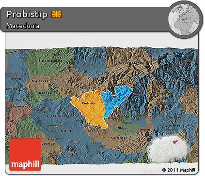 Political 3D Map of Probistip, darken, semi-desaturated