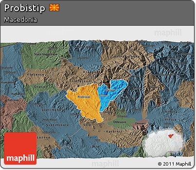 Political 3D Map of Probistip, darken, semi-desaturated