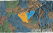 Political 3D Map of Probistip, darken, semi-desaturated