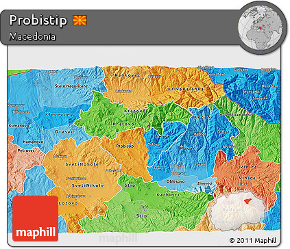 Political 3D Map of Probistip, political shades outside