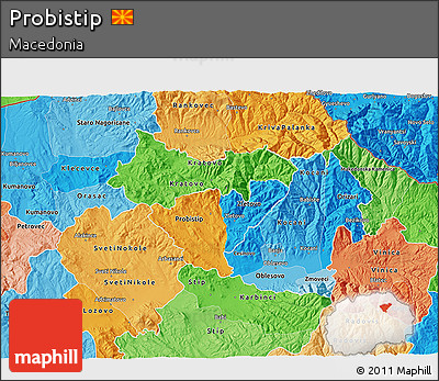 Political 3D Map of Probistip, political shades outside
