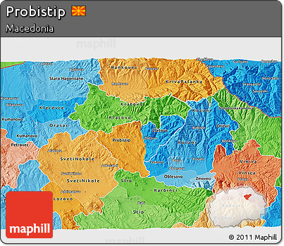 Political 3D Map of Probistip, political shades outside