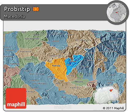 Political 3D Map of Probistip, semi-desaturated