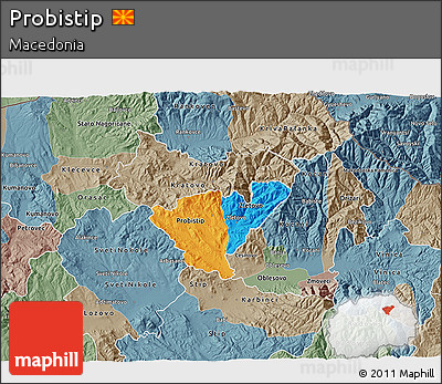 Political 3D Map of Probistip, semi-desaturated