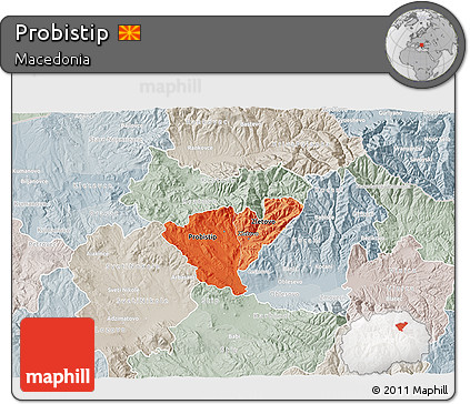 Political Shades 3D Map of Probistip, lighten, semi-desaturated