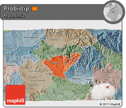 Political Shades 3D Map of Probistip, semi-desaturated