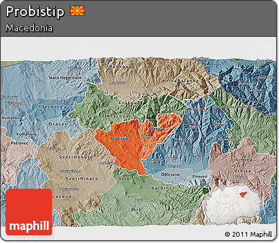 Political Shades 3D Map of Probistip, semi-desaturated