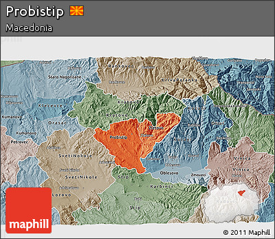 Political Shades 3D Map of Probistip, semi-desaturated
