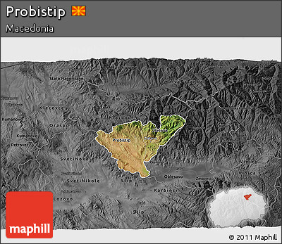 Satellite 3D Map of Probistip, darken, desaturated