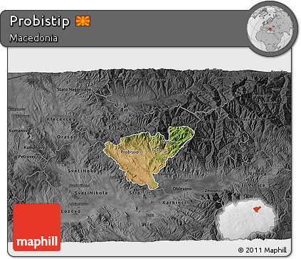 Satellite 3D Map of Probistip, darken, desaturated