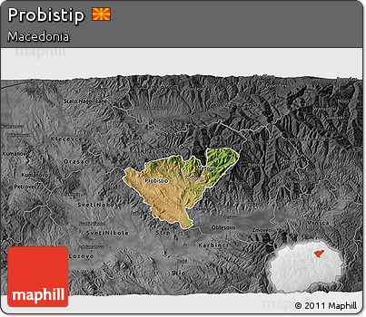 Satellite 3D Map of Probistip, darken, desaturated