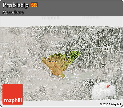 Satellite 3D Map of Probistip, lighten, semi-desaturated