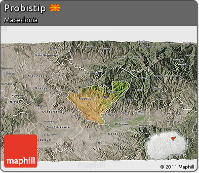 Satellite 3D Map of Probistip, semi-desaturated