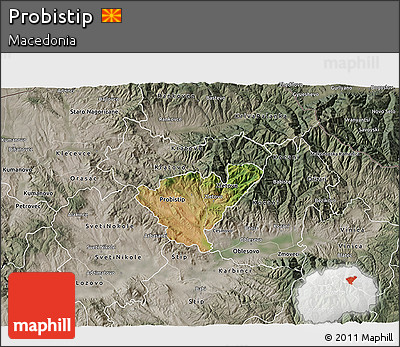 Satellite 3D Map of Probistip, semi-desaturated
