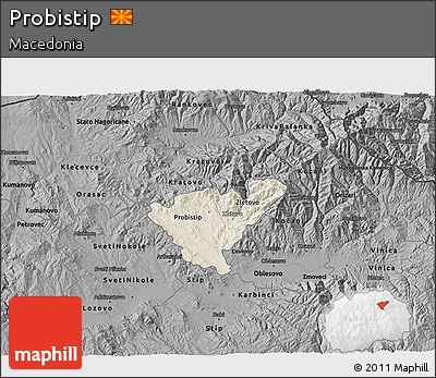 Shaded Relief 3D Map of Probistip, darken, desaturated