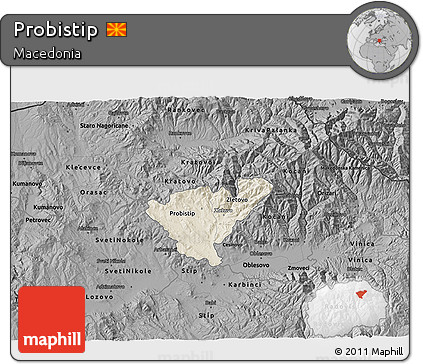 Shaded Relief 3D Map of Probistip, darken, desaturated