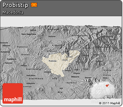 Shaded Relief 3D Map of Probistip, darken, desaturated