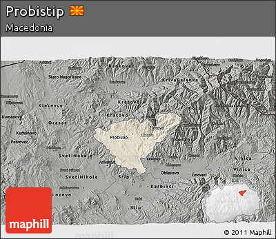 Shaded Relief 3D Map of Probistip, darken, semi-desaturated