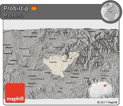 Shaded Relief 3D Map of Probistip, darken, semi-desaturated