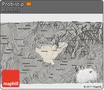 Shaded Relief 3D Map of Probistip, darken, semi-desaturated