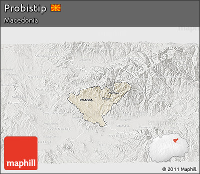 Shaded Relief 3D Map of Probistip, lighten, semi-desaturated