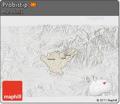 Shaded Relief 3D Map of Probistip, lighten, semi-desaturated
