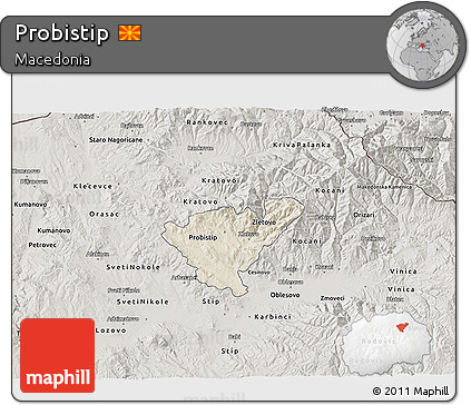 Shaded Relief 3D Map of Probistip, semi-desaturated