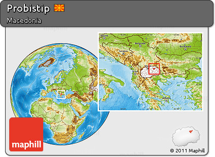 Physical Location Map of Probistip, highlighted country, within the entire country