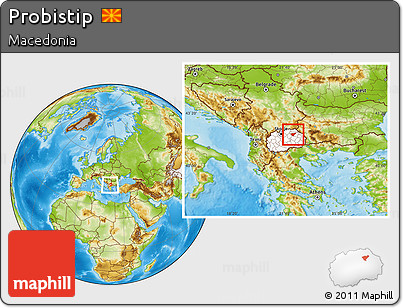 Physical Location Map of Probistip, highlighted country, within the entire country