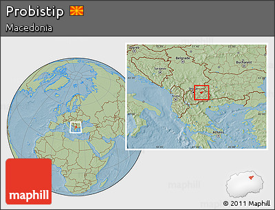 Savanna Style Location Map of Probistip, within the entire country, hill shading