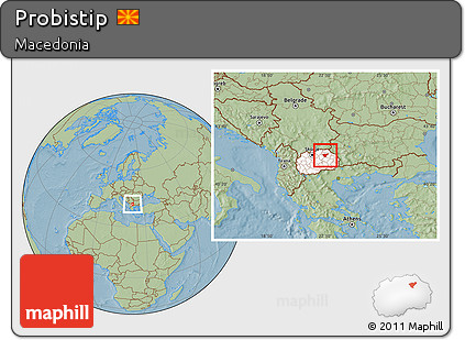 Savanna Style Location Map of Probistip, highlighted country, hill shading