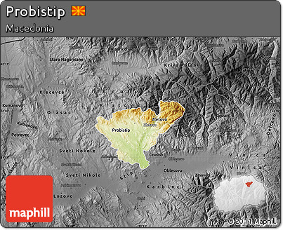 Physical Map of Probistip, darken, desaturated