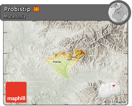 Physical Map of Probistip, lighten, semi-desaturated