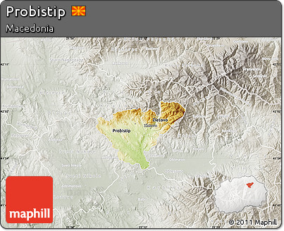 Physical Map of Probistip, lighten, semi-desaturated