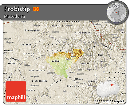 Physical Map of Probistip, shaded relief outside