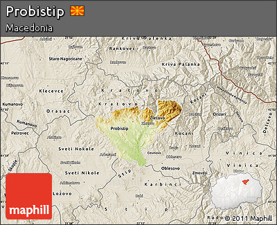 Physical Map of Probistip, shaded relief outside
