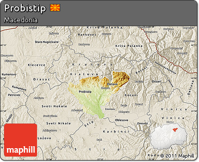 Physical Map of Probistip, shaded relief outside