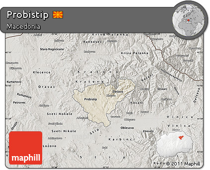 Shaded Relief Map of Probistip, semi-desaturated