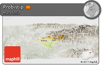 Physical Panoramic Map of Probistip, lighten, semi-desaturated
