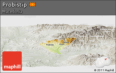 Physical Panoramic Map of Probistip, lighten, semi-desaturated