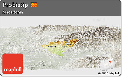 Physical Panoramic Map of Probistip, lighten, semi-desaturated